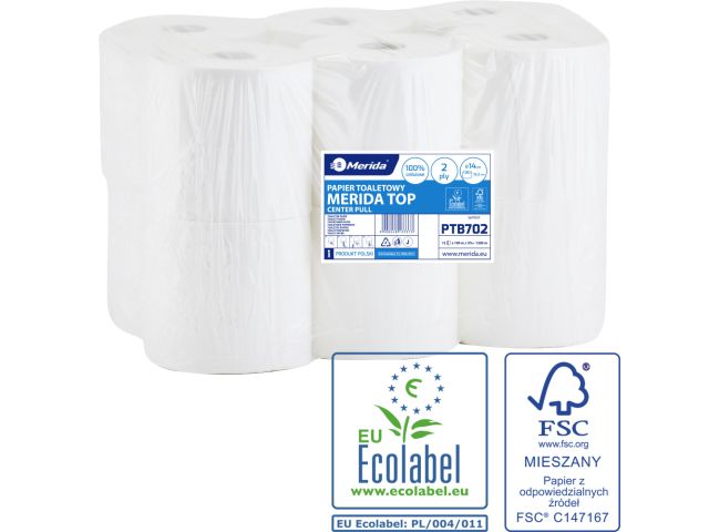 MERIDA TOP CENTER PULL roll toilet paper, white, 2 -ply, 14 cm diameter, 100% cellulose, 100 m (12 rolls / pack.)
